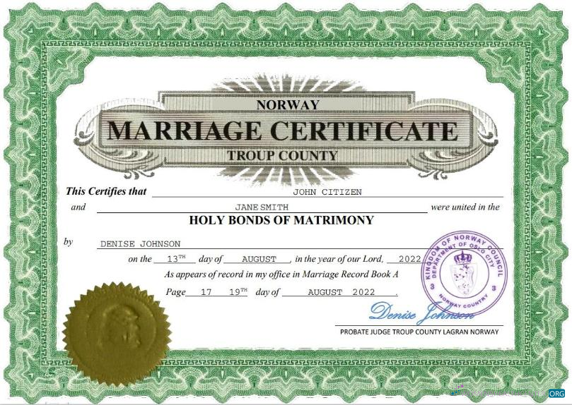 Download Norway marriage certificate Word and PDF template Photoshop template